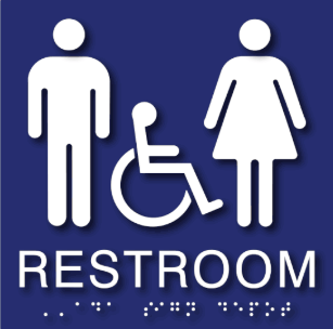 A restroom sign with white pictographs of a man, woman and wheelchair above the word “Restroom” with corresponding Braille on a blue field.  